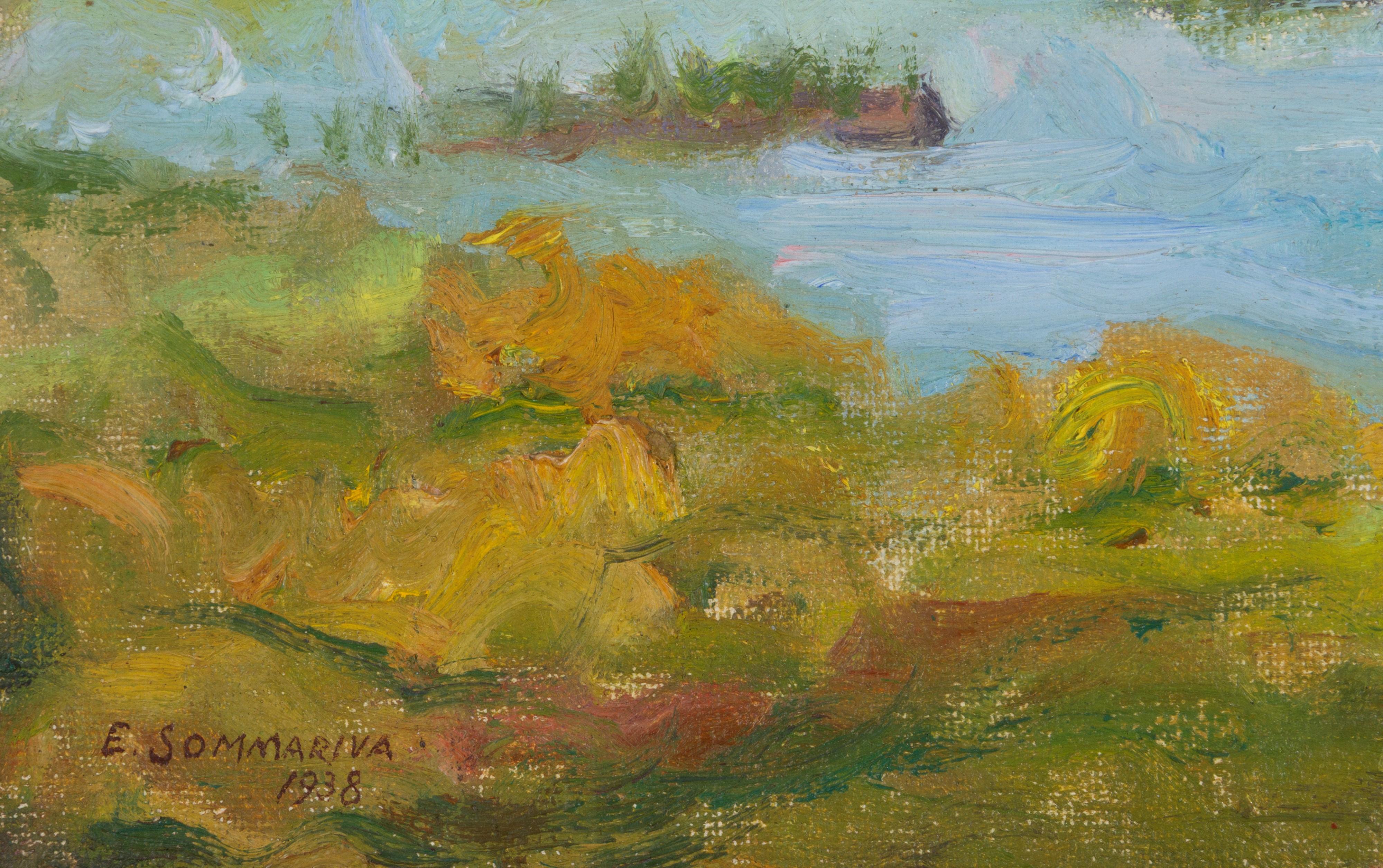 Emilio Sommariva - Veduta di lago, olio su cartoncino (1938 circa)