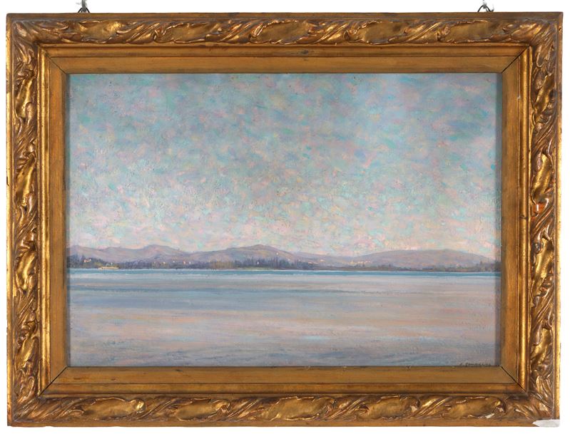 Emilio Sommariva - Veduta di lago, olio su cartone