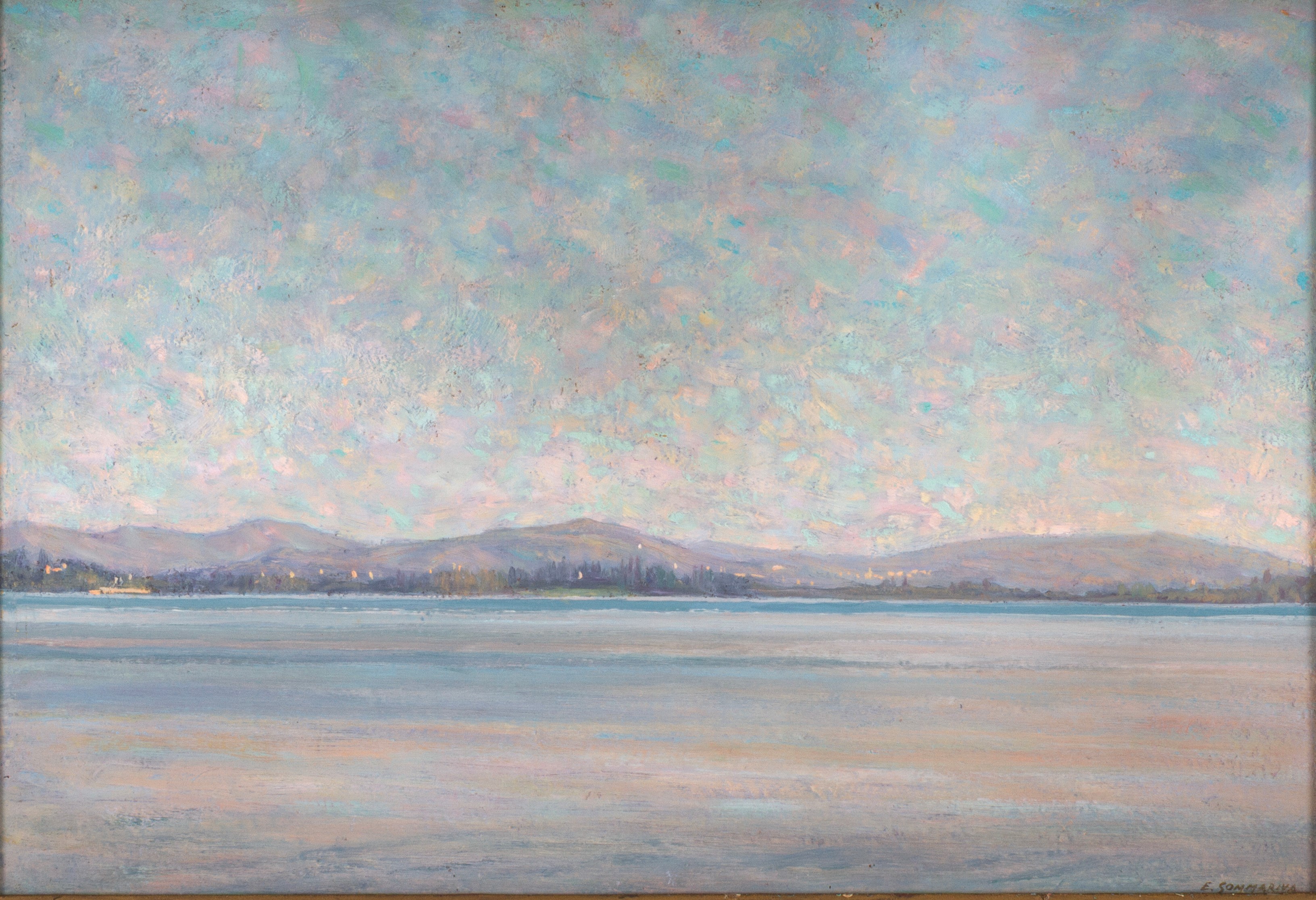 Emilio Sommariva - Veduta di lago, olio su cartone