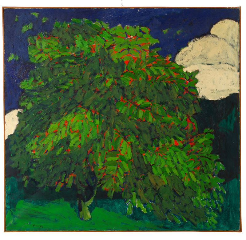 Piero Giunni - L'albero sul pendio, olio su tela