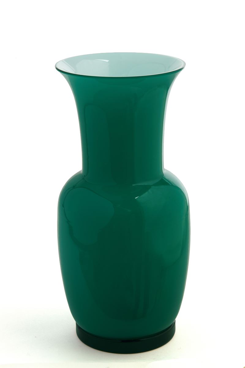 VENINI, Vaso opalino in vetro turchese, altezza 29 cm