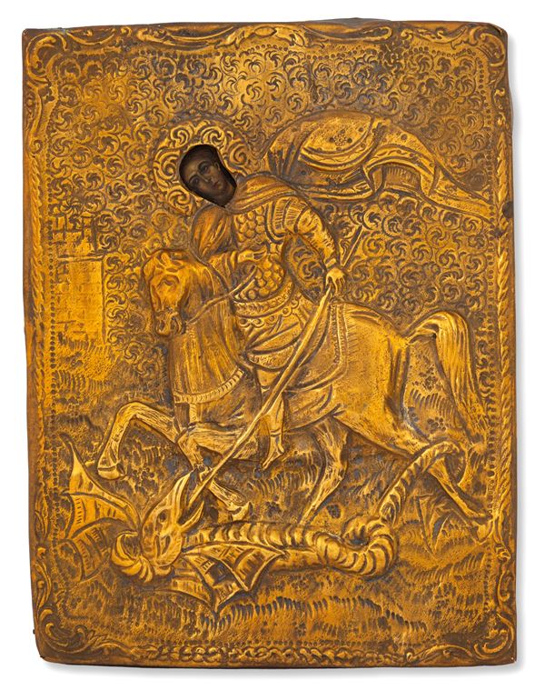 Icon with brass riza "ST. GEORGE AND THE DRAGON"