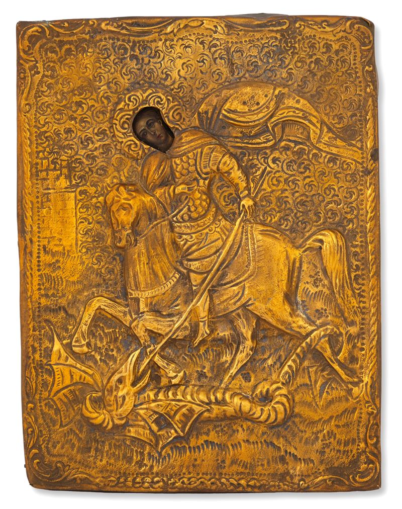 Icona devozionale, San Giorgio e il drago, riza in ottone sbalzato