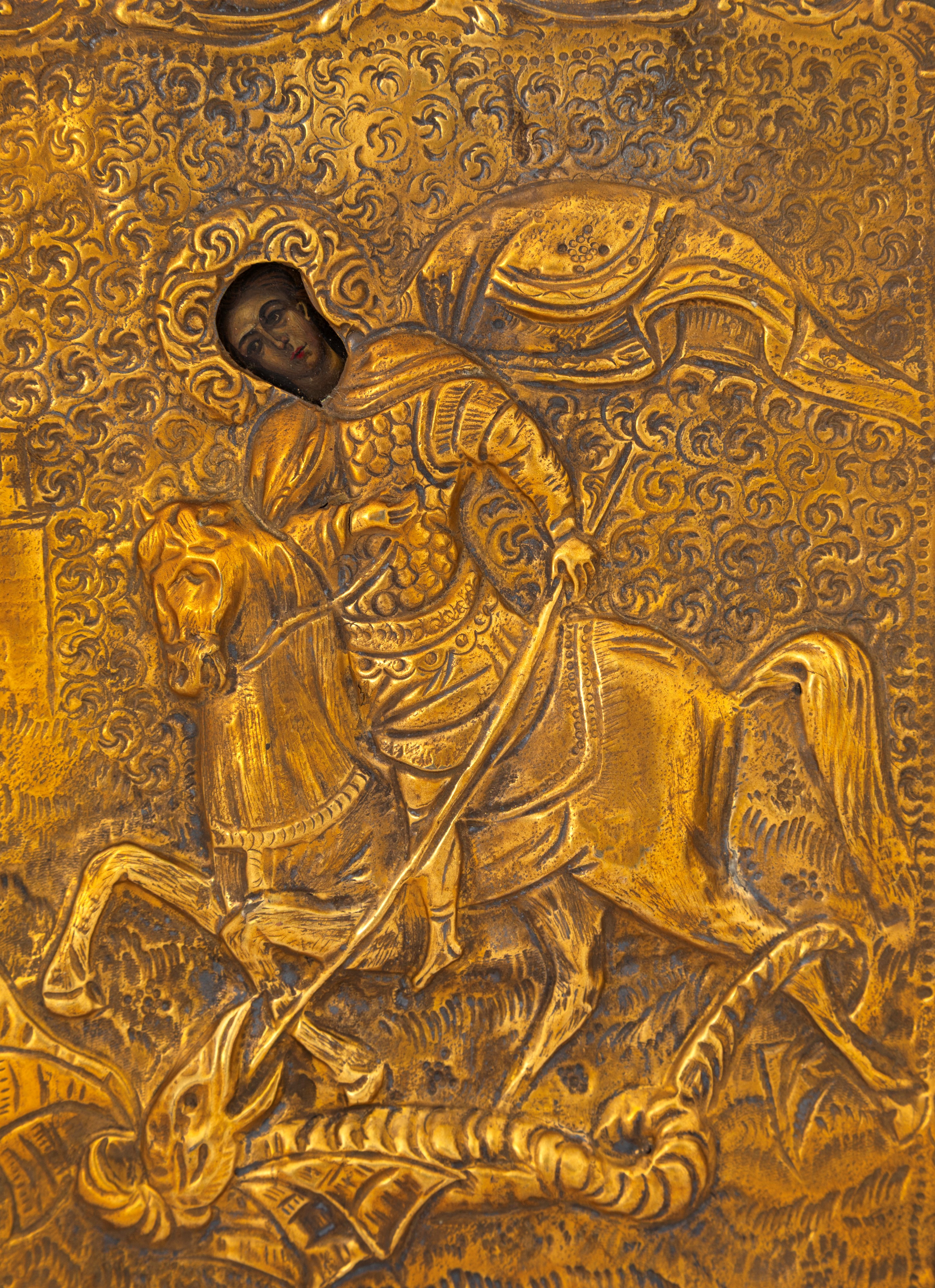 Icona devozionale, San Giorgio e il drago, riza in ottone sbalzato