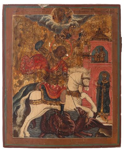 Icona dipinta su tavola, San Giorgio e il drago