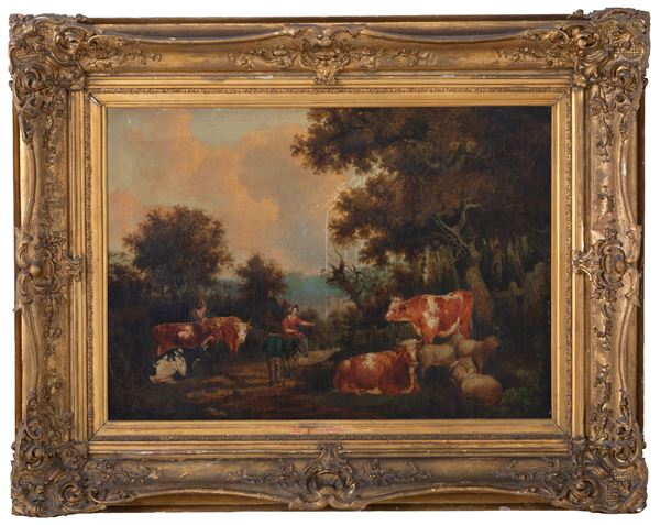 Painting "LANDSCAPE WITH SHEPHERDS, DONKEY, HERD AND CATTLE".