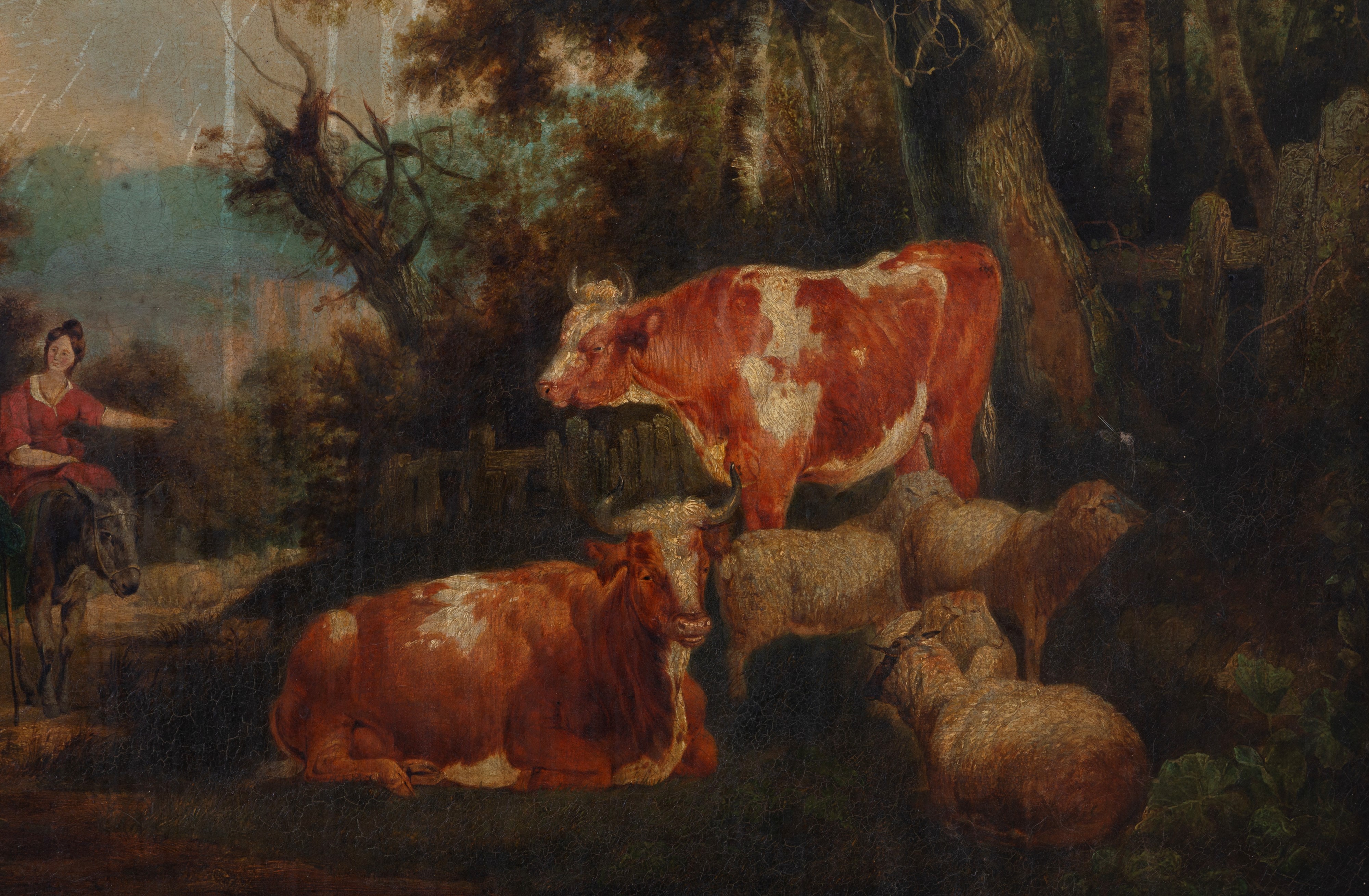 Paesaggio con pastori, asino, armenti e bovini, olio su tela, XIX secolo