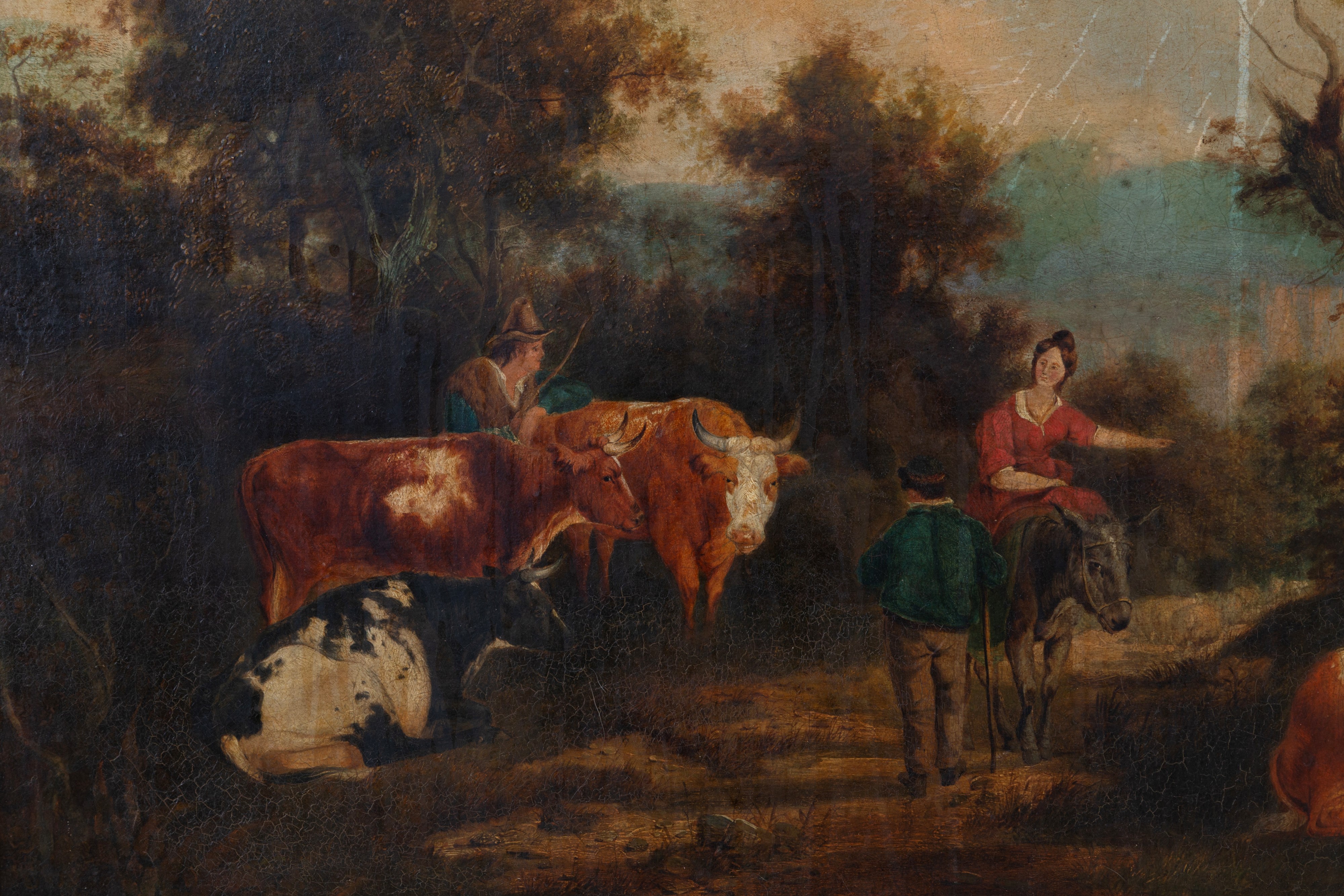 Paesaggio con pastori, asino, armenti e bovini, olio su tela, XIX secolo