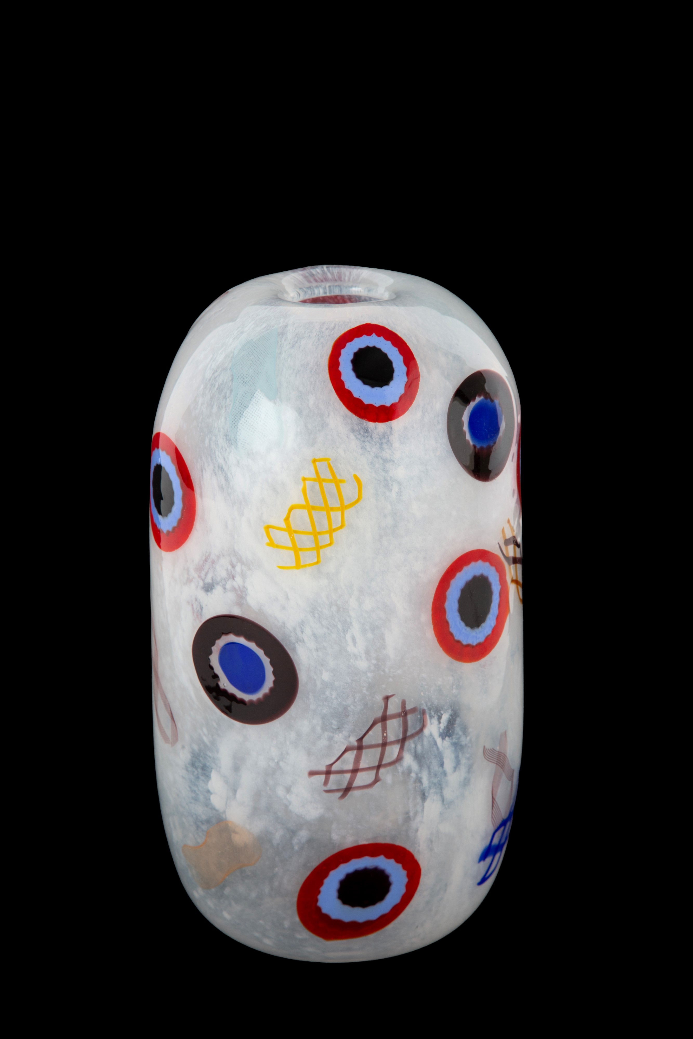 Vaso in vetro lattimo con murrine e canne (Vetreria Aureliano Toso)