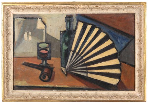 GINO ROSSI - Painting "STILL LIFE WITH PIPE, GLASS, BOTTLE, AND FAN" 