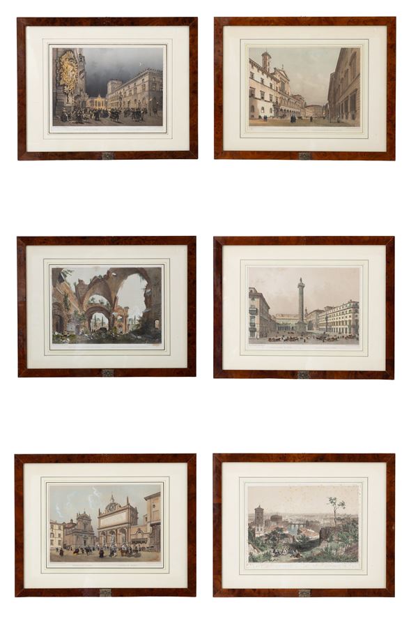 PHILIPPE BENOIST,FELIX BENOIST - Sei litografie acquarellate "VEDUTE DI ROMA"