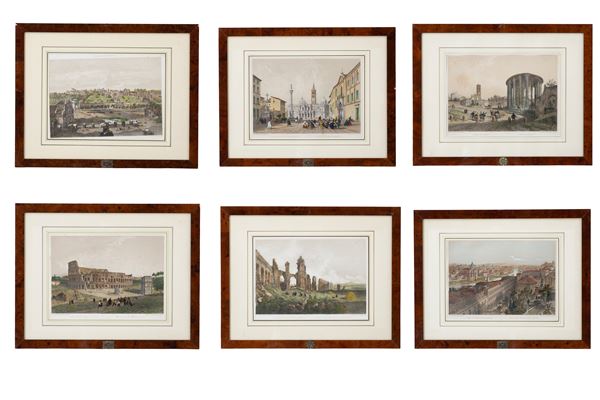 PHILIPPE BENOIST,FELIX BENOIST - Sei litografie acquarellate "VEDUTE DI ROMA"