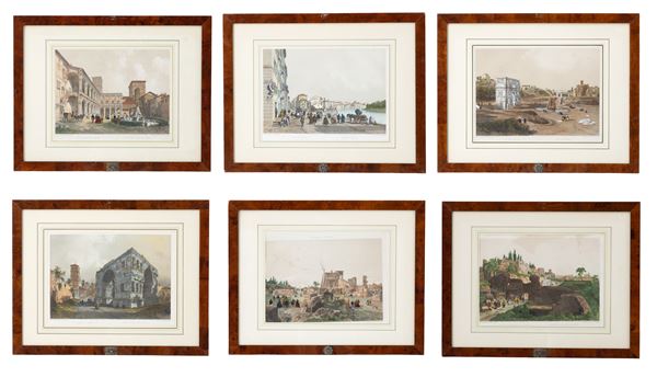 PHILIPPE BENOIST,FELIX BENOIST - Sei litografie acquarellate "VEDUTE DI ROMA"