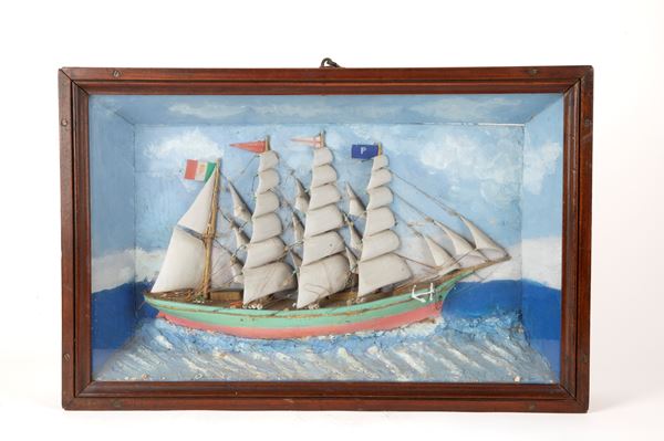 Diorama with sailing ship