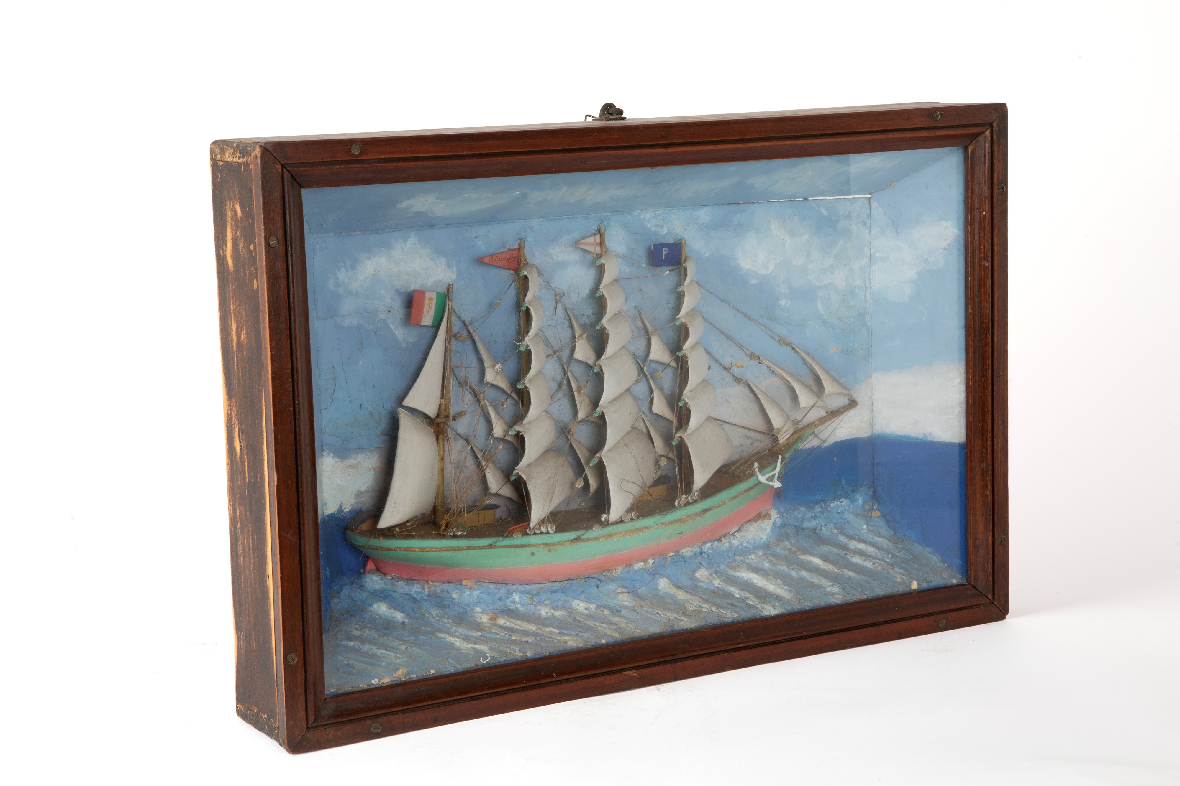 Diorama con veliero, legno dipinto, inizi XX secolo