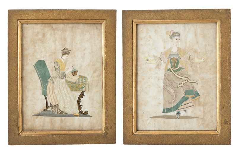 Due collage su pergamena, Figure femminili, in cornici in legno dorato