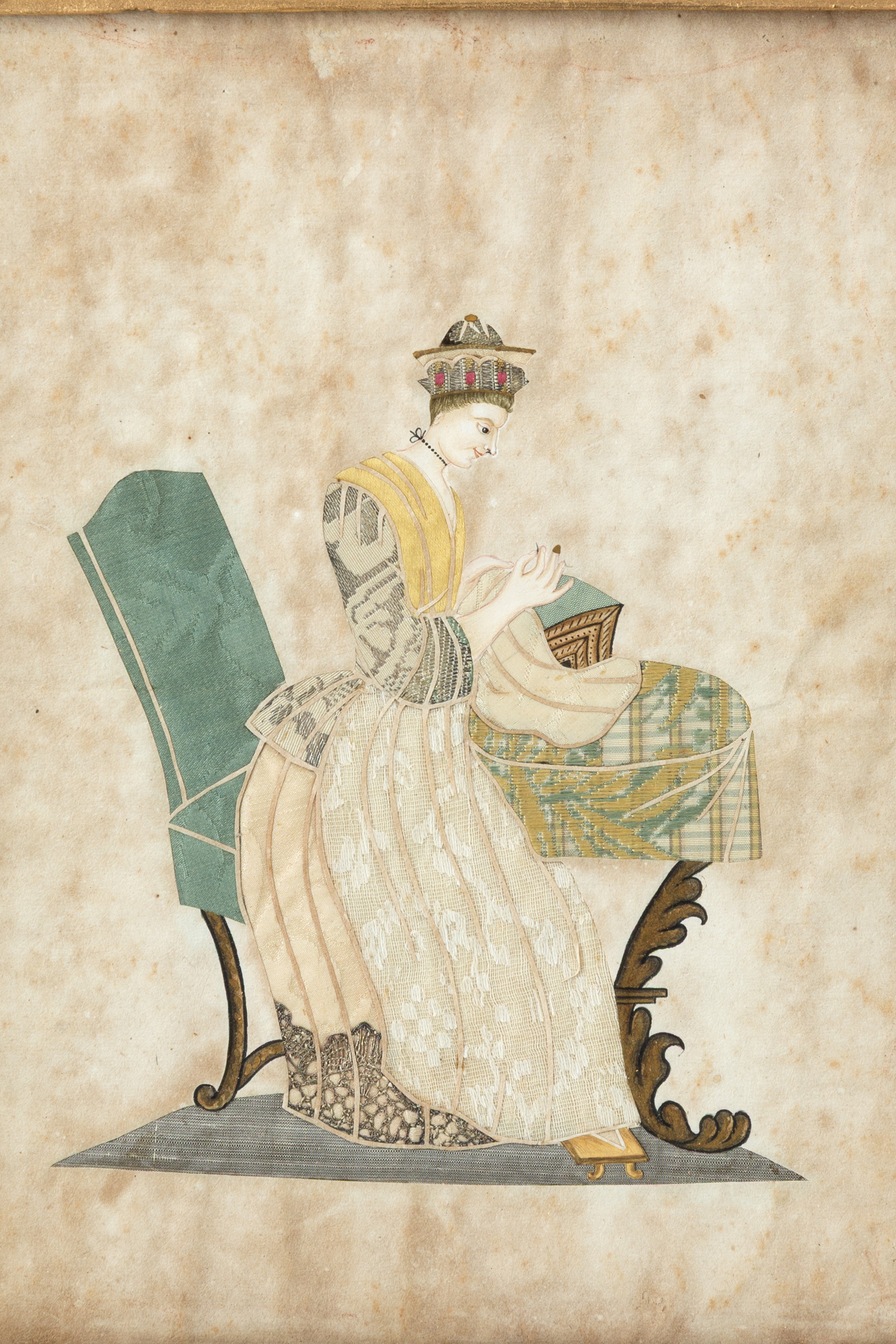 Due collage su pergamena, Figure femminili, in cornici in legno dorato