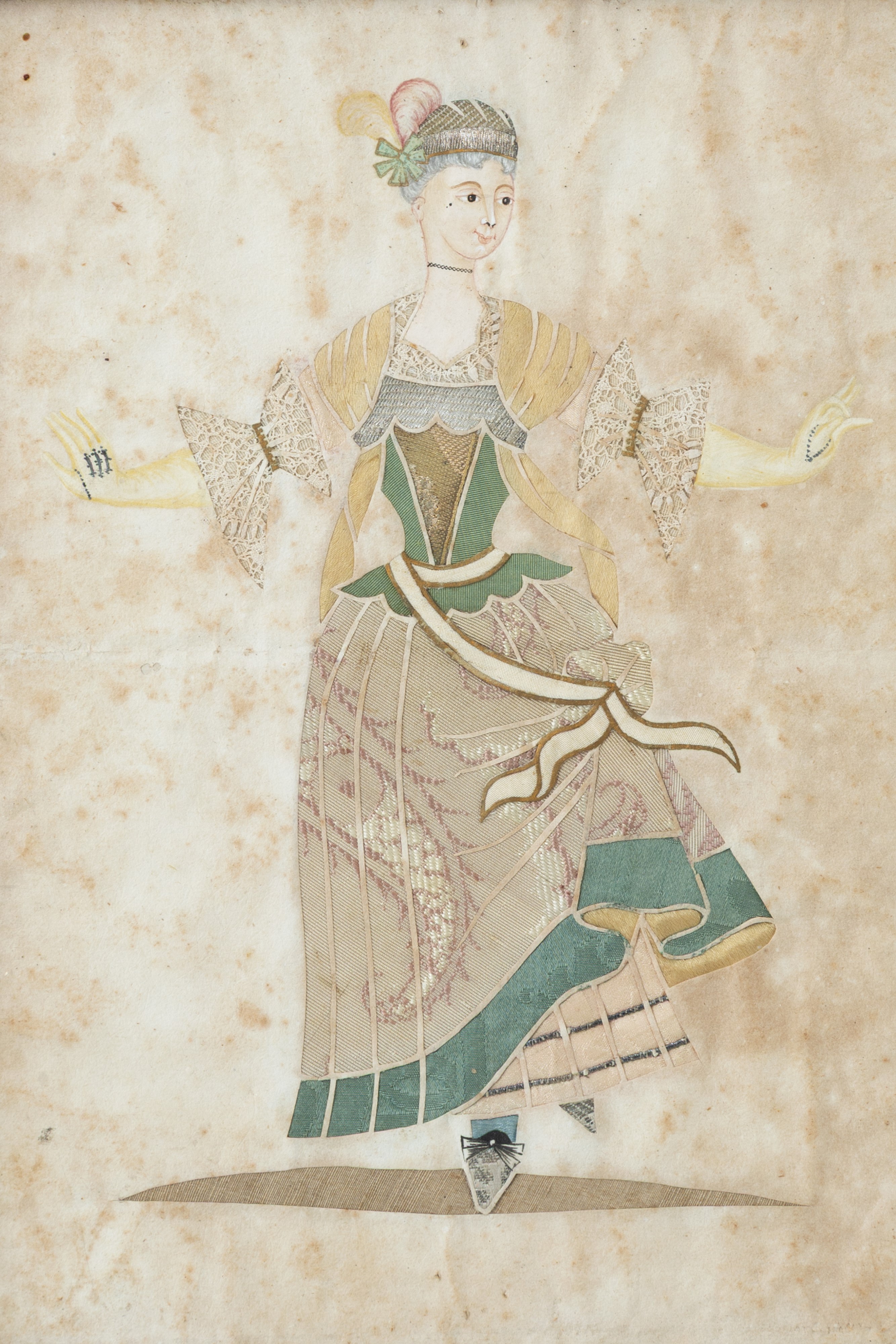 Due collage su pergamena, Figure femminili, in cornici in legno dorato