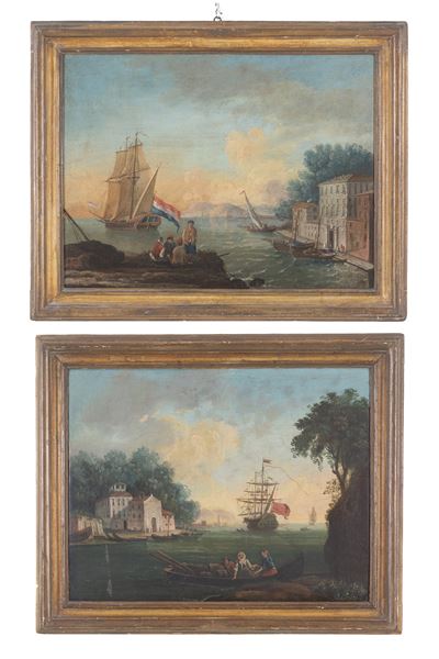 Dipinti, Marine con architetture e velieri, olio su tela (XVIII secolo)