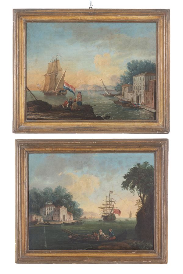 Two paintings "SEASCAPES WITH ARCHITECTURE AND SAILING SHIPS"