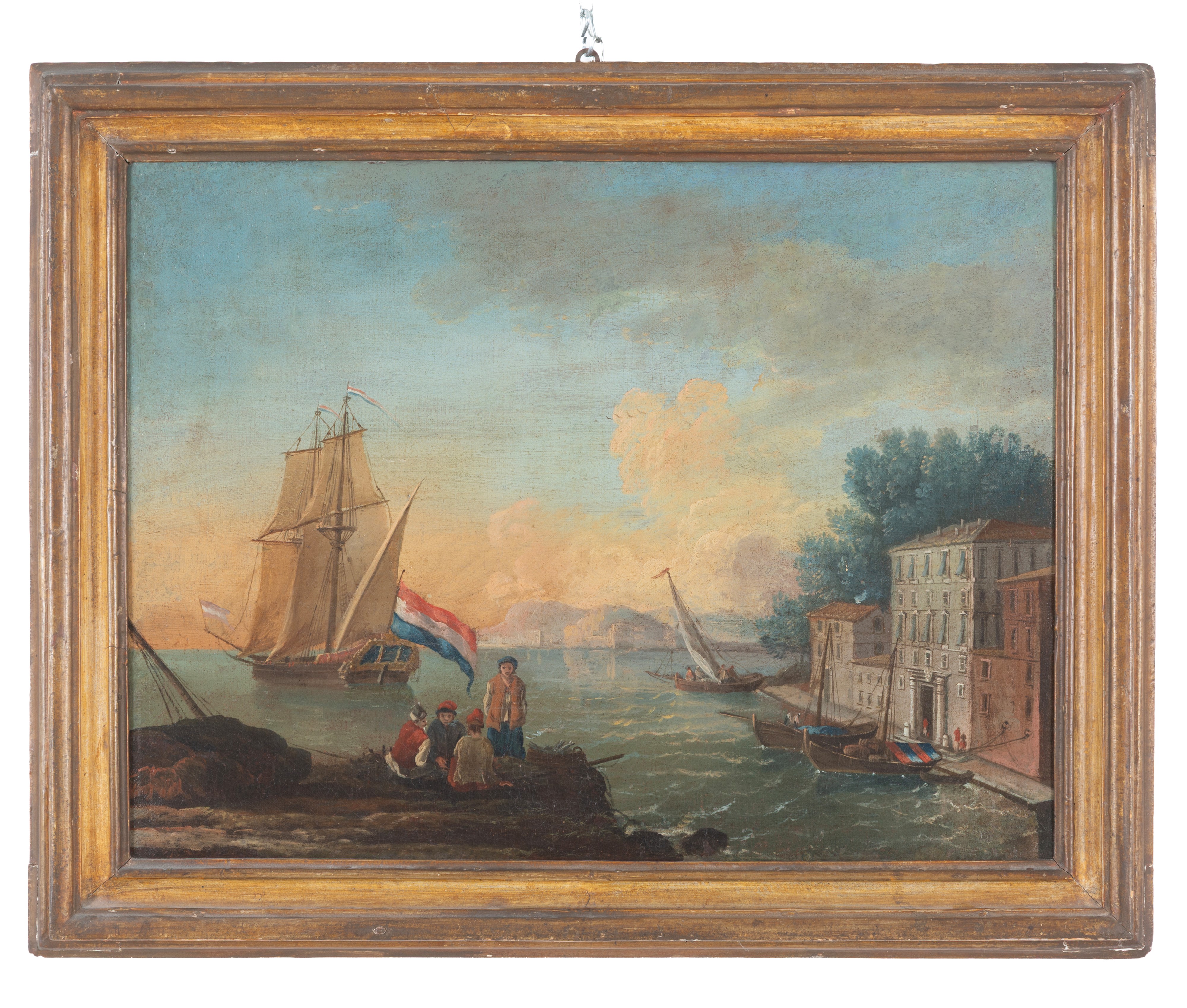 Dipinti, Marine con architetture e velieri, olio su tela (XVIII secolo)