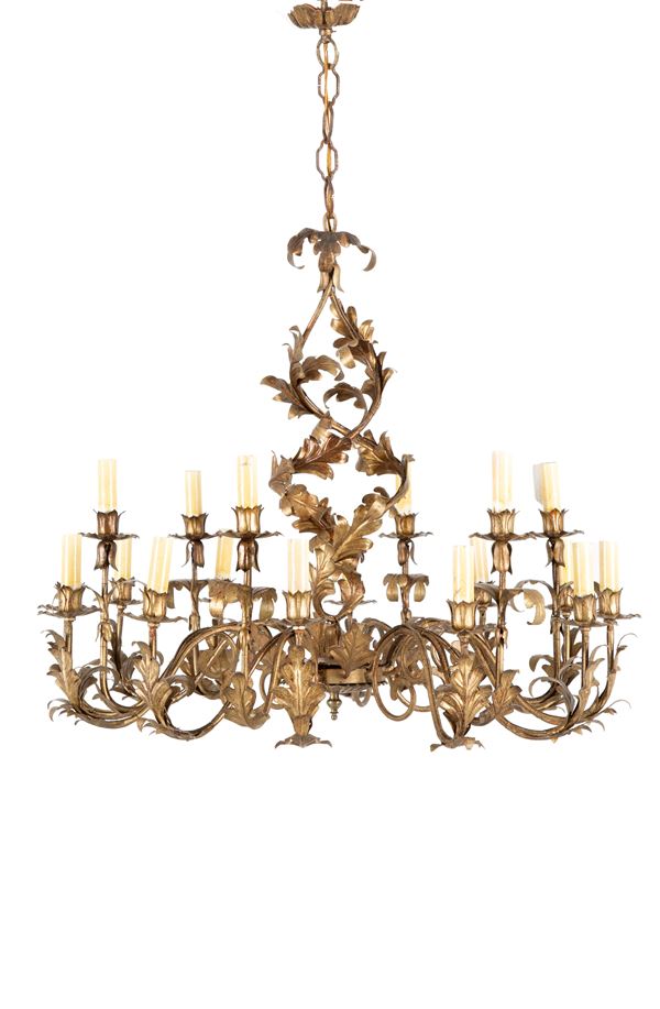 Wrought iron and sheet metal chandelier
