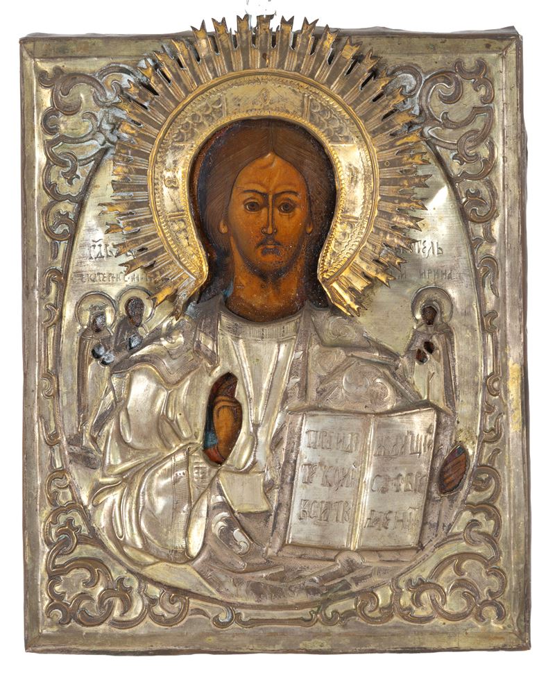 Cristo Pantocratore, icona con riza in argento, XIX secolo