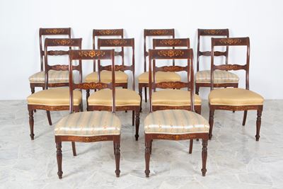 Sedie, Dieci sedie in legno intarsiato con sedute imbottite (XIX secolo)