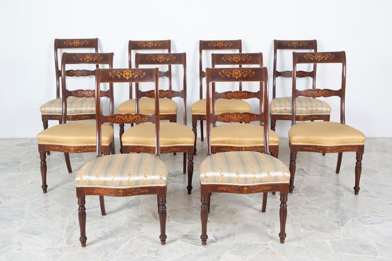 Sedie, dieci elementi, legno intarsiato con sedute imbottite, XIX secolo
