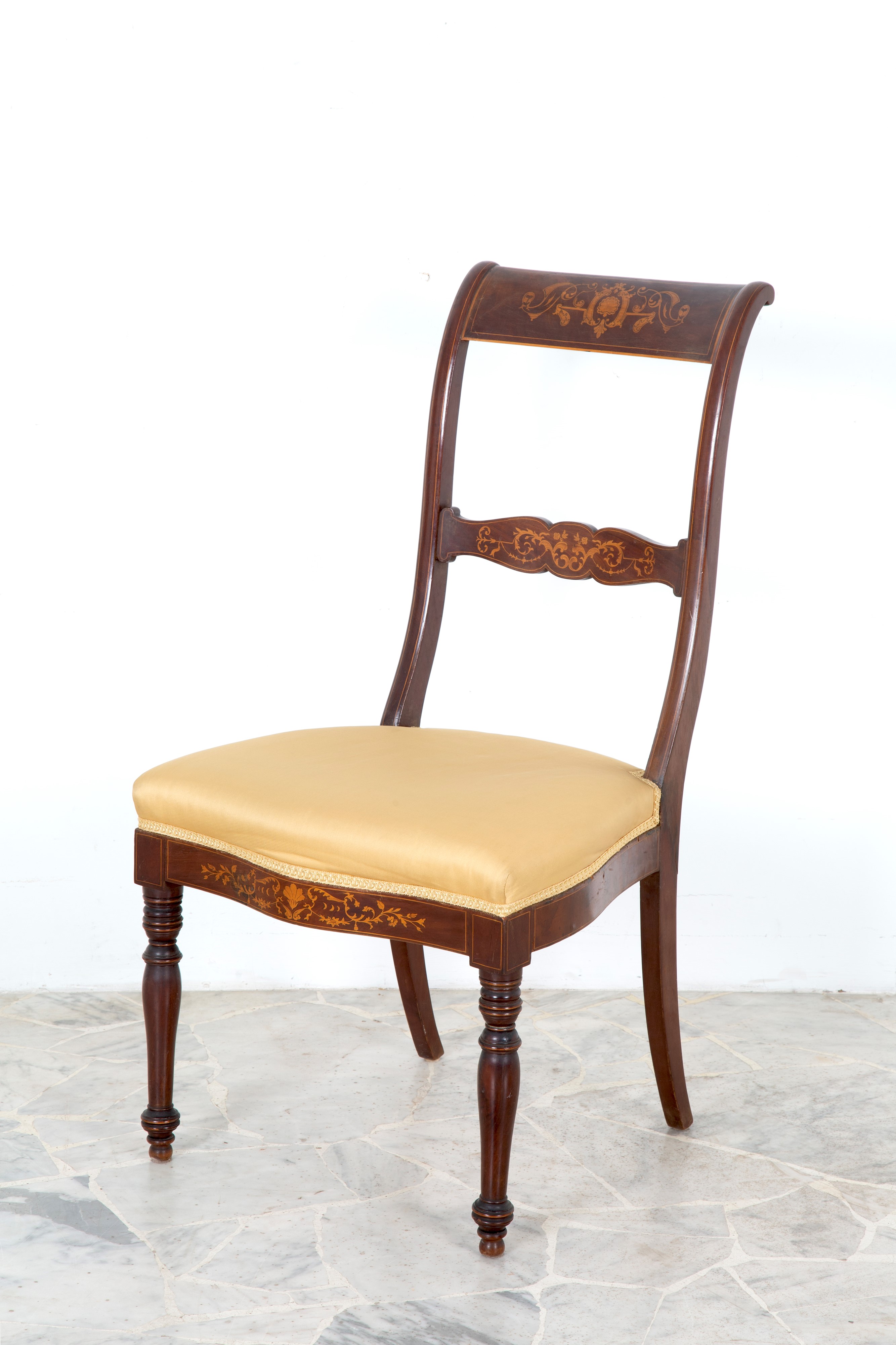 Sedie, dieci elementi, legno intarsiato con sedute imbottite, XIX secolo