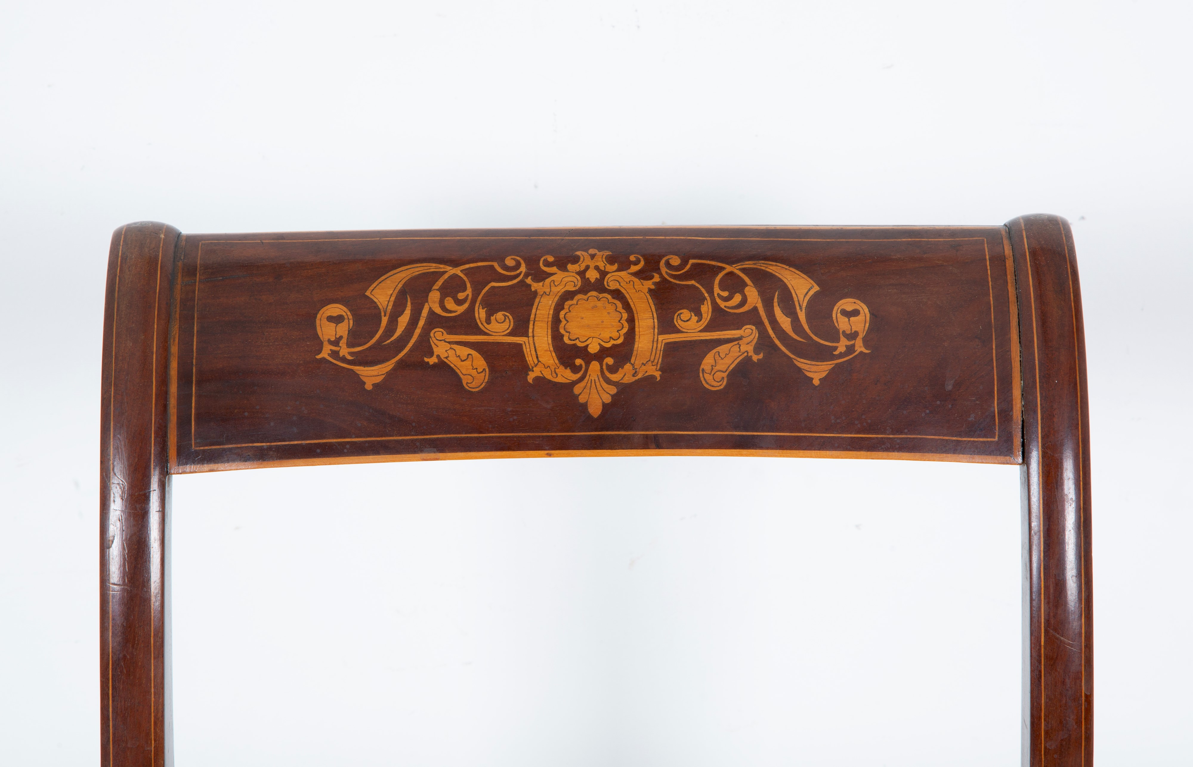 Sedie, dieci elementi, legno intarsiato con sedute imbottite, XIX secolo
