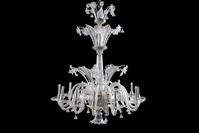 Lampadario a dodici luci in vetro di Murano con motivi floreali e fogliacei, fine XIX secolo