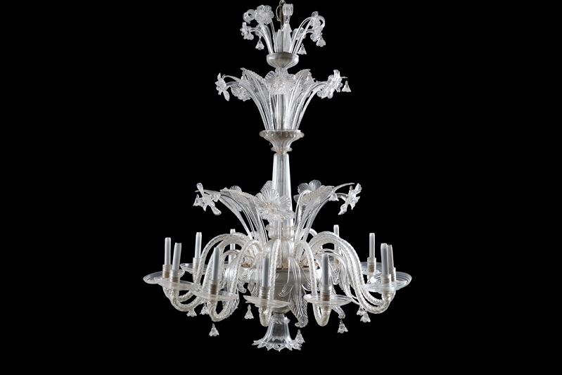 Lampadario a dodici luci in vetro di Murano con motivi floreali e fogliacei, fine XIX secolo