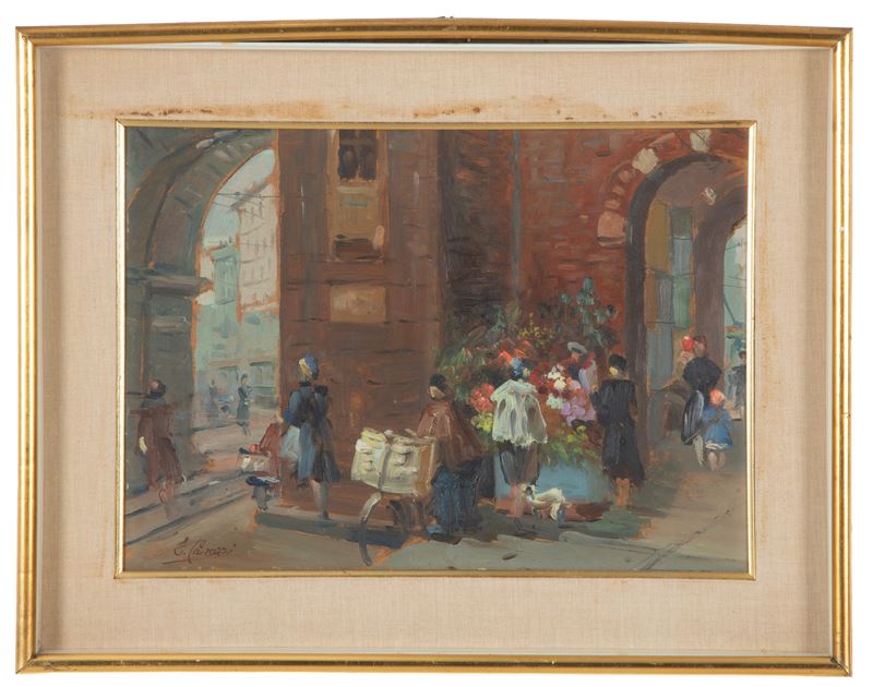 Enrico Carozzi - Archi di Porta Nuova, Milano, olio su tavoletta