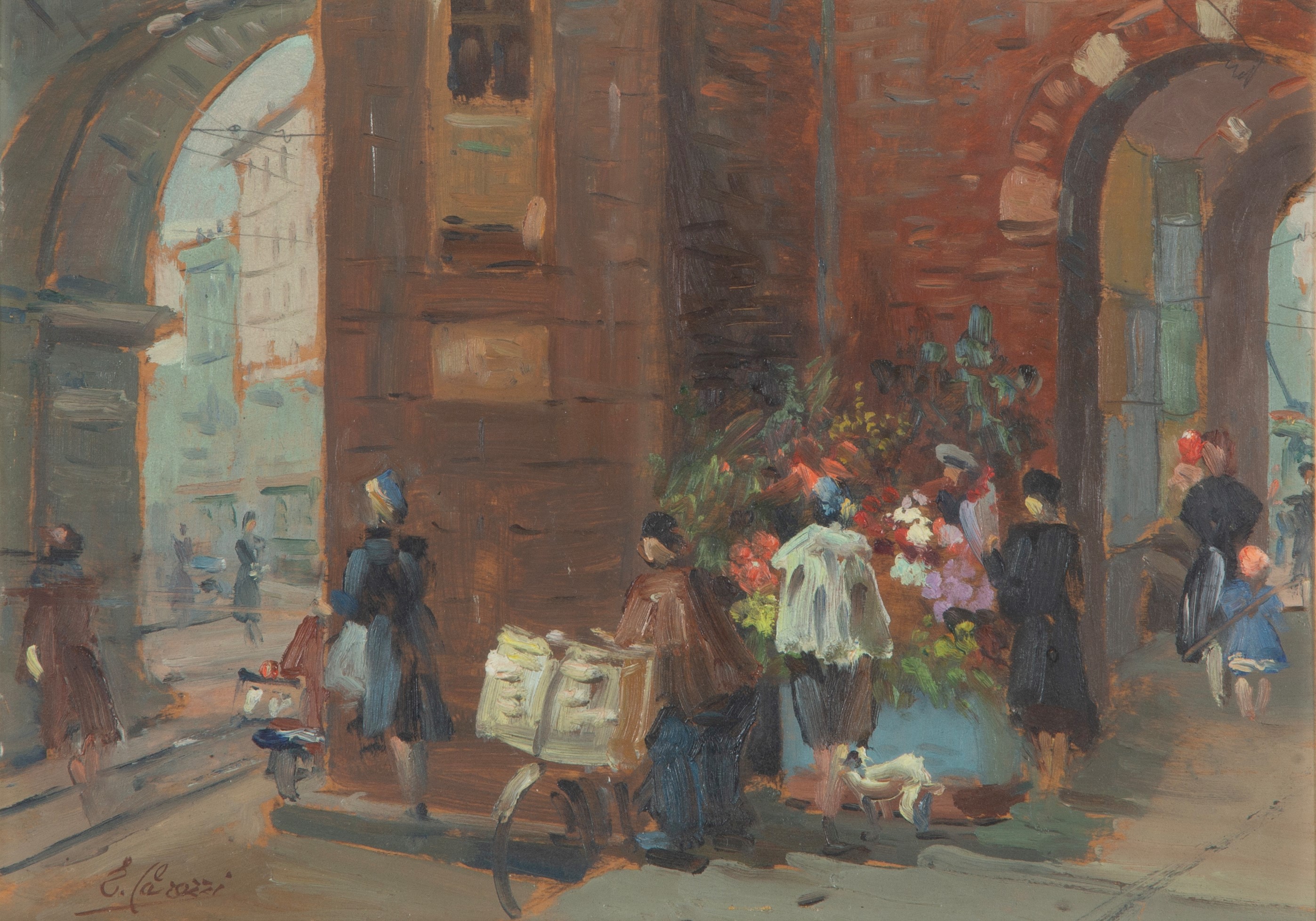 Enrico Carozzi - Archi di Porta Nuova, Milano, olio su tavoletta