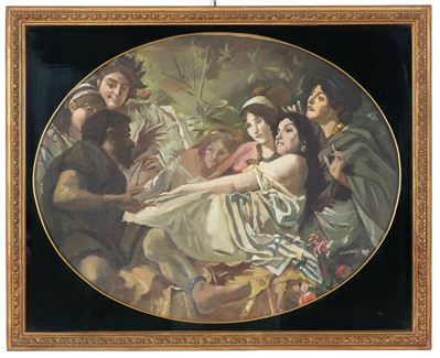 Dipinto ovale, Personaggi, tempera su tela, XX secolo