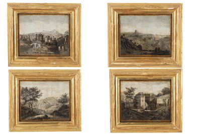 Inizi XVIII secolo, Quattro paesaggi, olio su tavoletta, in cornici in legno dorato