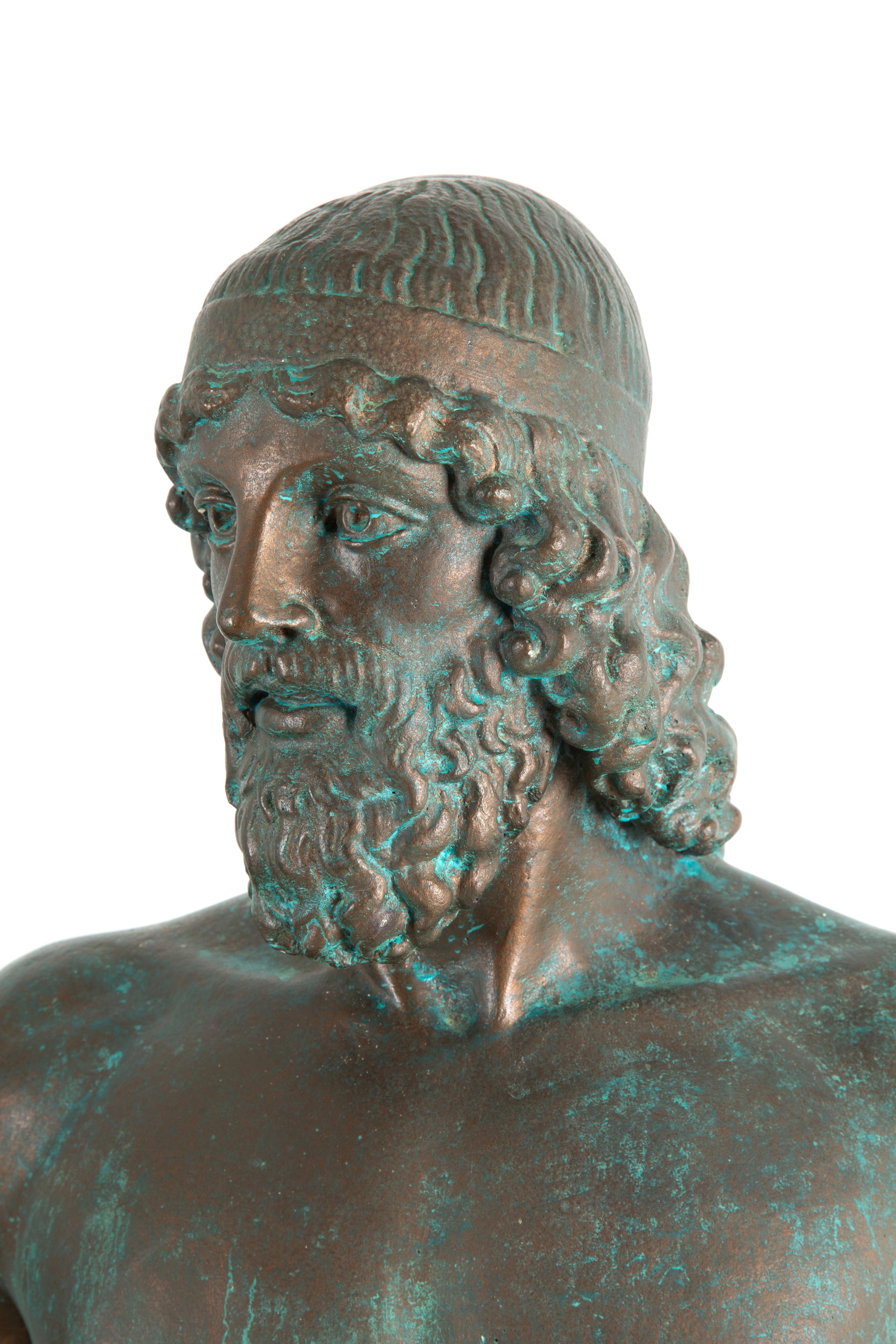 Coppia di sculture “Bronzi di Riace”, gesso patinato finto bronzo, XX secolo
