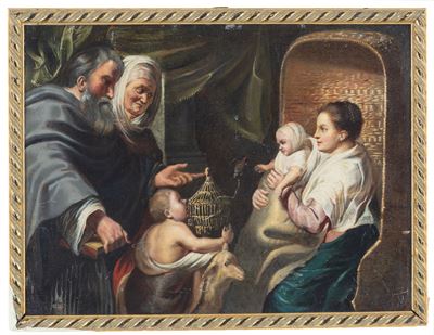 Inizi XVIII secolo, Madonna con Bambino, San Giovannino, Anna e Gioacchino (olio su rame)