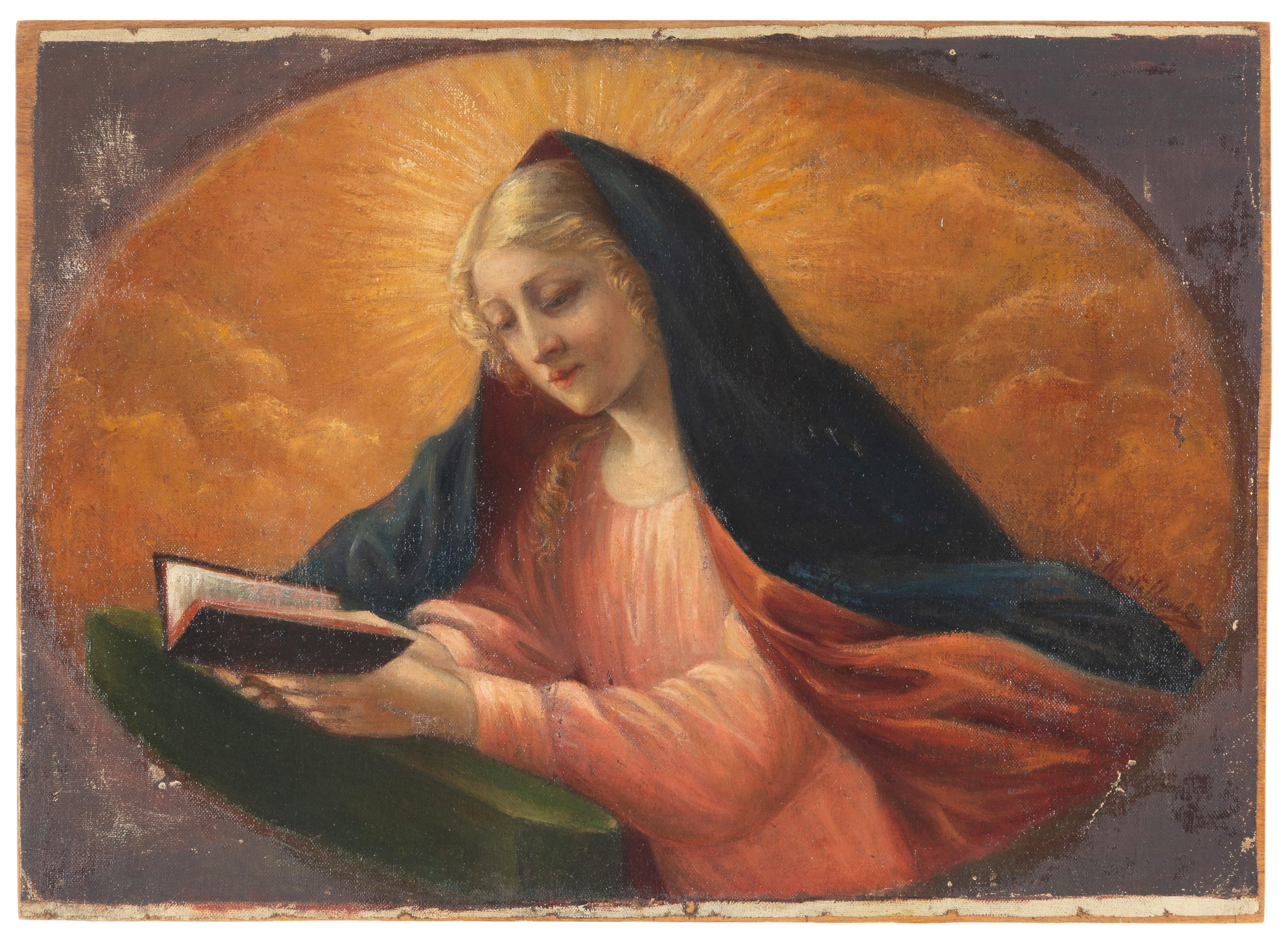 Dipinto raffigurante “Santa con libro”, olio su tela su tavoletta (XIX secolo)