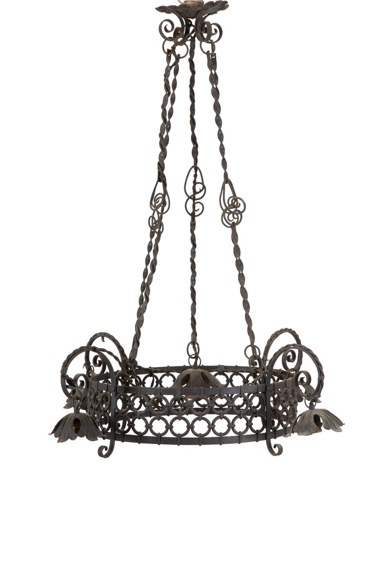 Lampadario a quattro luci, ferro battuto, XX secolo
