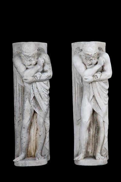 Coppia di lesene, figure maschili, pietra composita, XX secolo