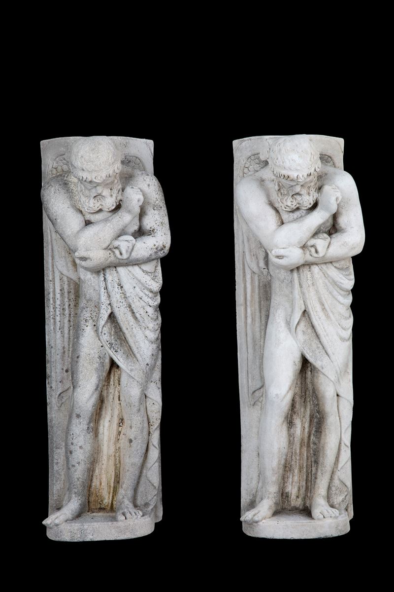 Coppia di lesene, figure maschili, pietra composita, XX secolo