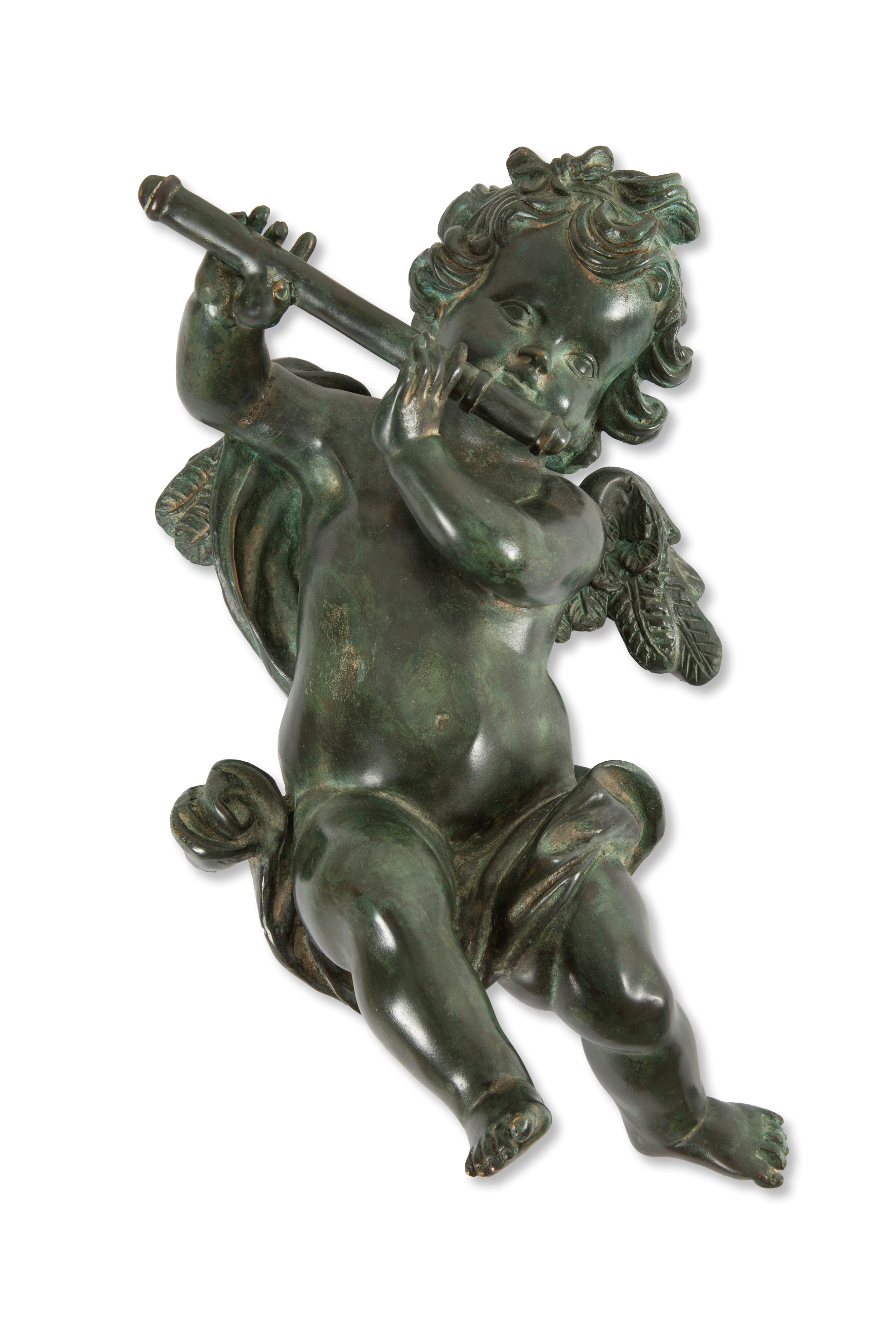 Due sculture di angeli musicanti, bronzo patinato, XX secolo