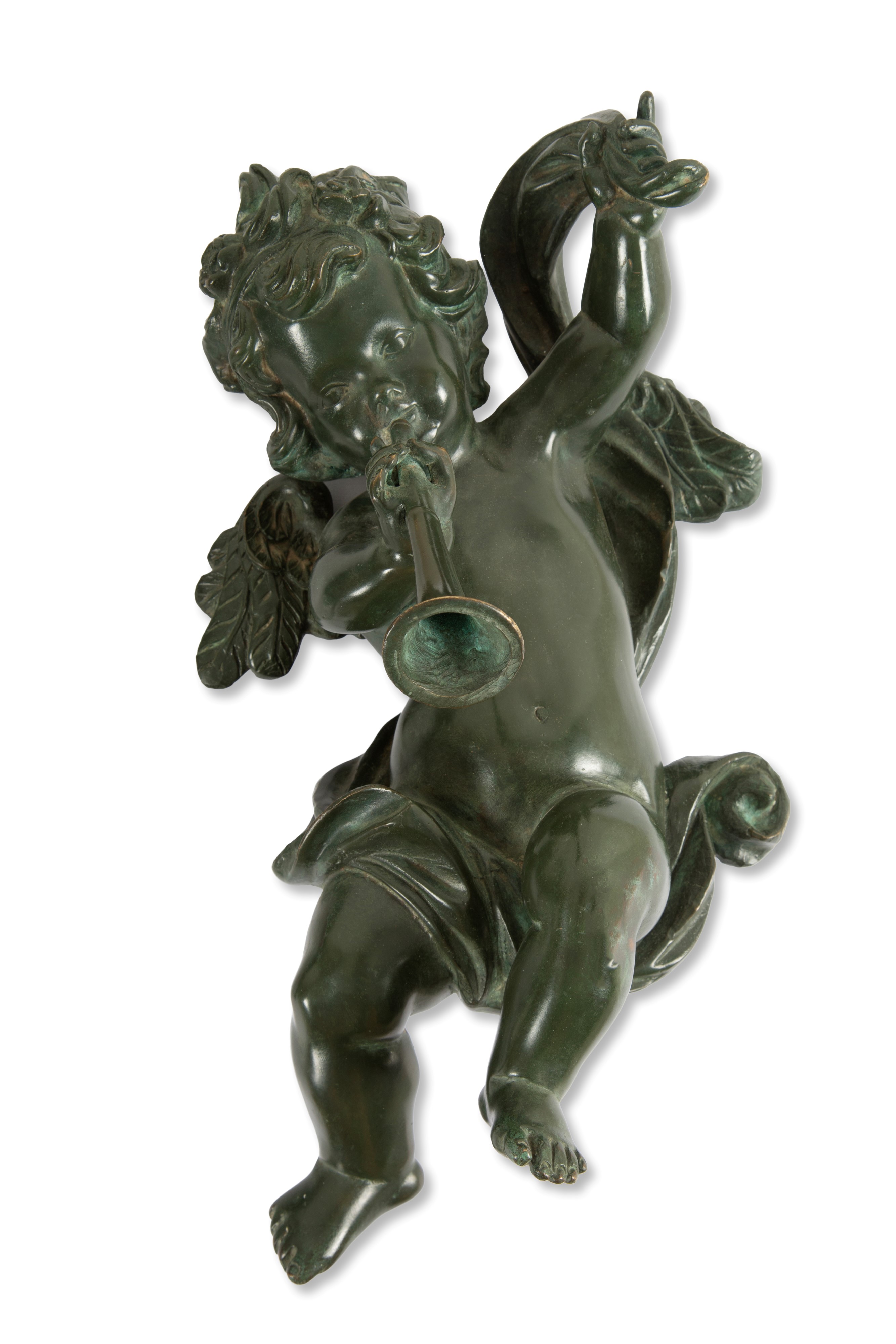 Due sculture di angeli musicanti, bronzo patinato, XX secolo