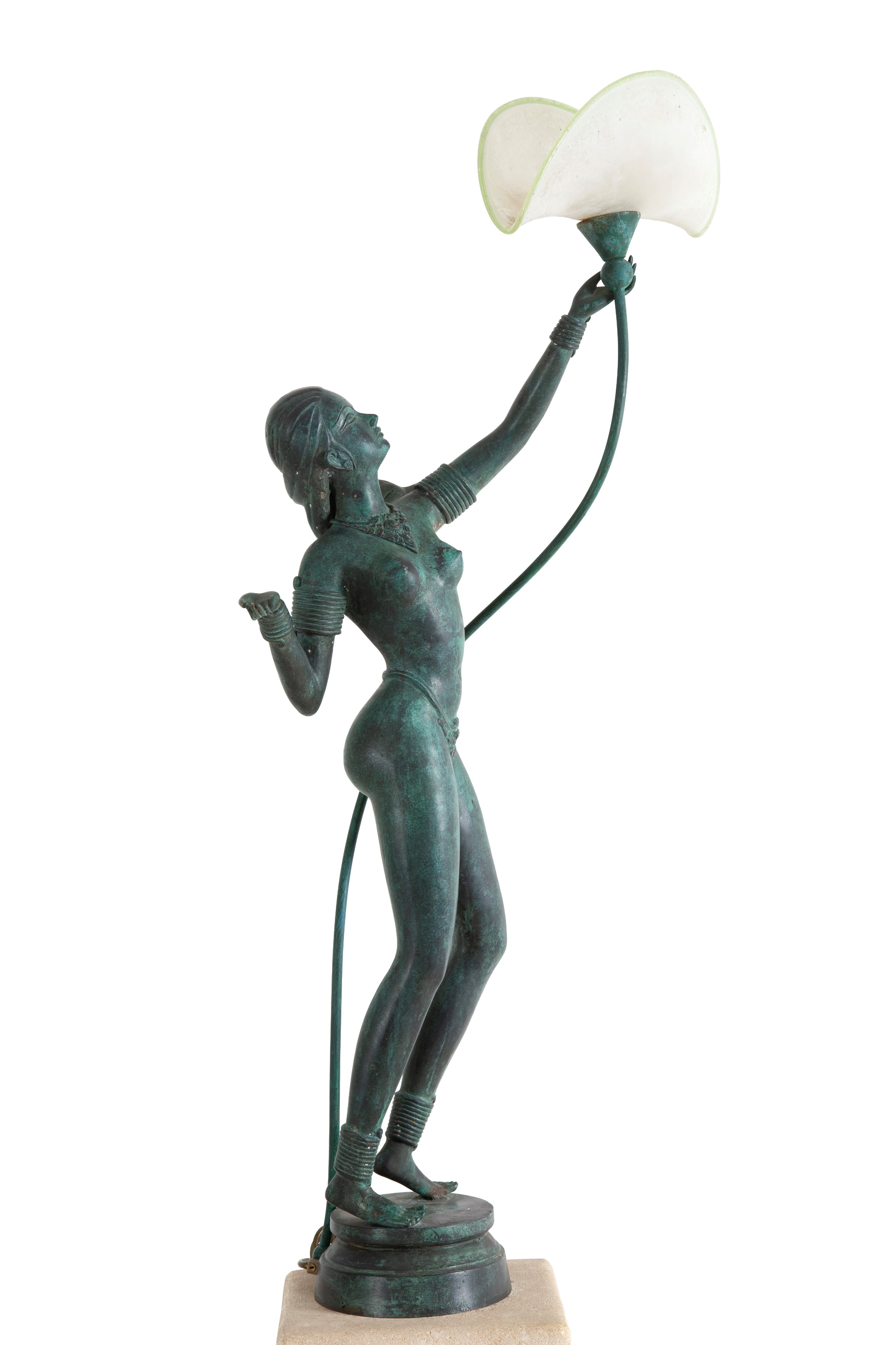 Lampada con scultura, amazzone, bronzo patinato su base in pietra, XX secolo
