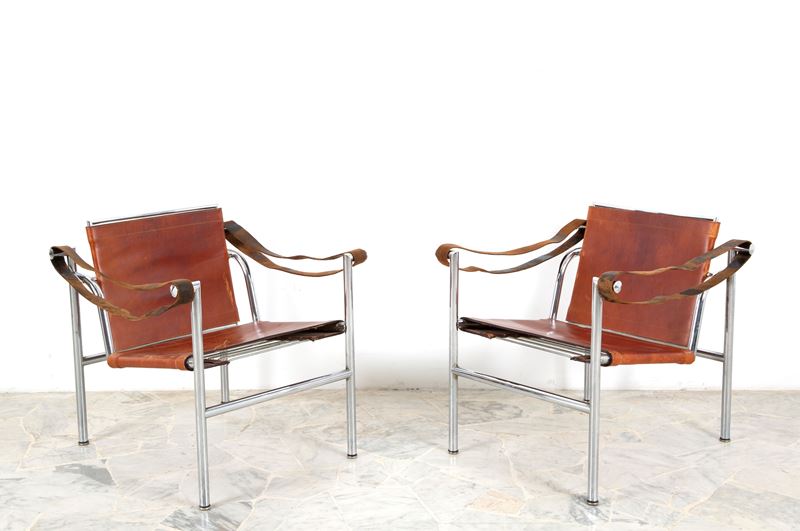 Le Corbusier - Due poltroncine LC1 per Cassina in acciaio e cuoio