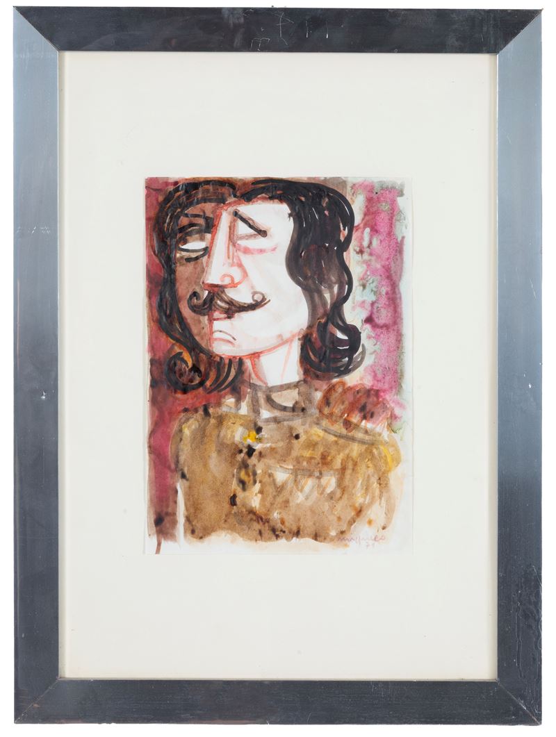 Giuseppe Migneco - Ritratto, acquarello su carta (firmato e datato 1971)