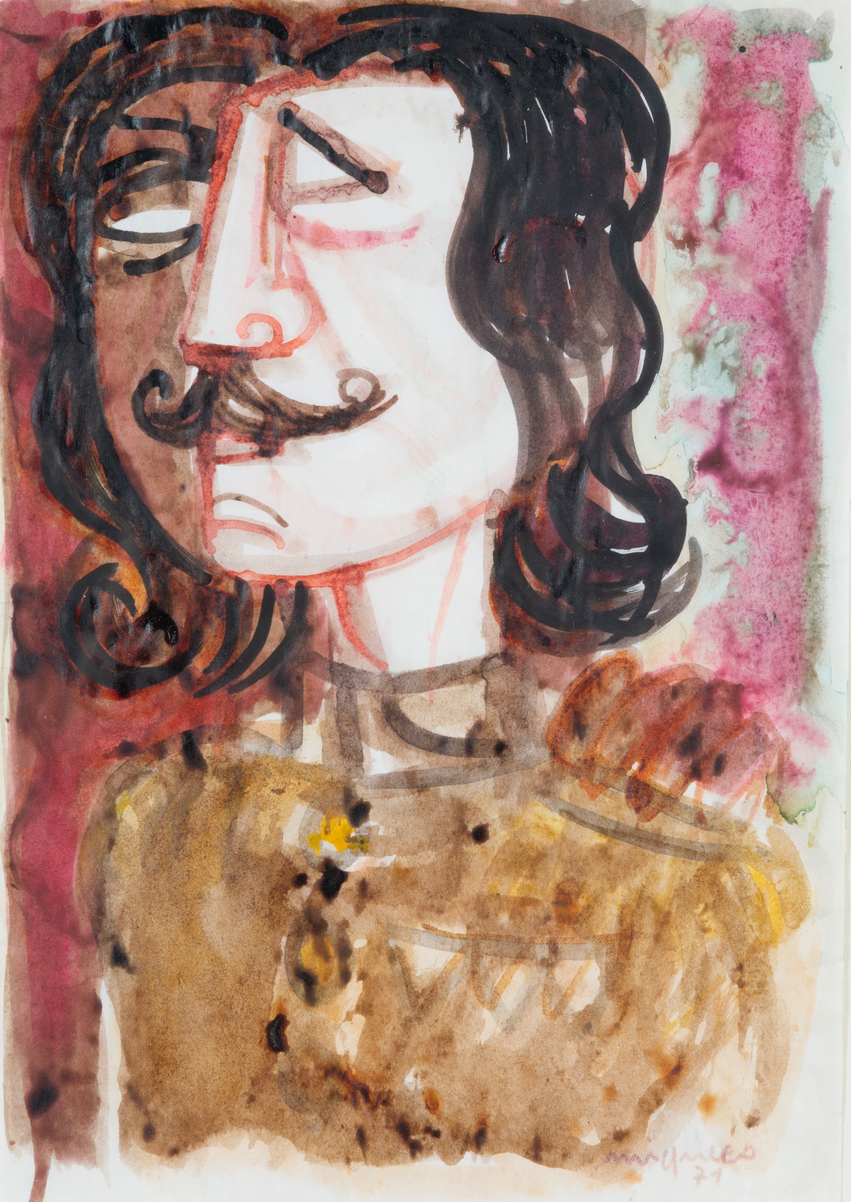 Giuseppe Migneco - Ritratto, acquarello su carta (firmato e datato 1971)