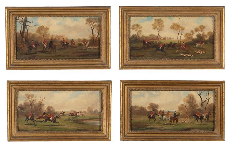 Rudolf Stone - Quattro dipinti: scene di caccia alla volpe, olio su tavoletta